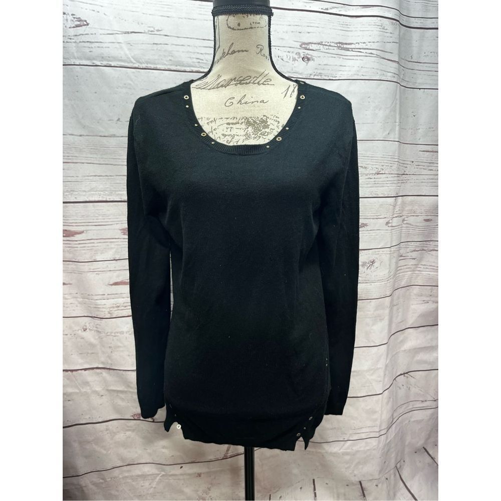 Spanner Black Long Sleeve Top Studded Scoop‎ Neck Casual Layering Blouse Medium